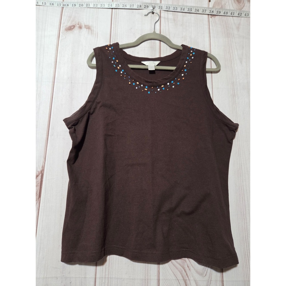 CJ Banks Womens 1X Brown Cotton Beaded Sequin Tank Top Sleeveless Shell Boho